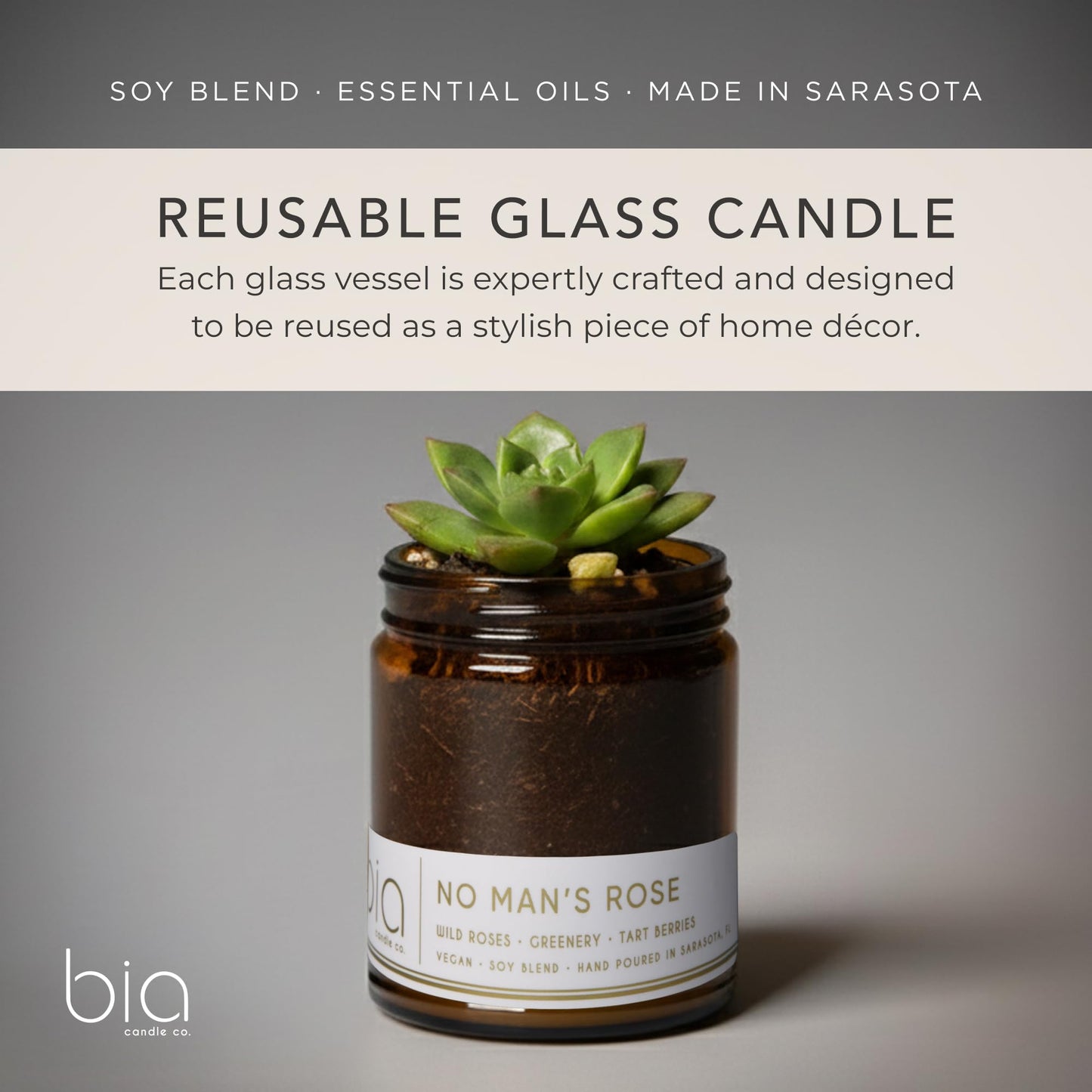 Bia Candle Co. No Man's Rose Candle, Fresh Rose Berry Moss Soy Candle, Green Apple, Perfume-Inspired, Hand Poured USA, High Fragrance Load, Lead-Free Wick, Reusable Glass Jar, Woman-Owned, 7 oz