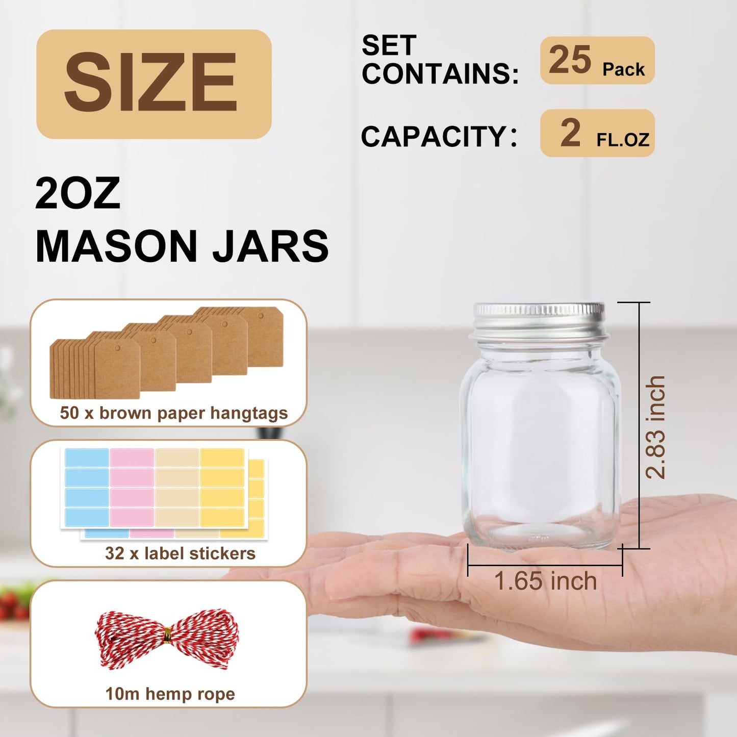 CARBLIN 25 Pack 2 oz Mason Jars with Silver Lids, Mini Glass Jar for Ginger Shots, Small Juice Shot Bottles with Caps, Container for Beverage Storage Candle Gifts Honey Jam Spices Party Favors