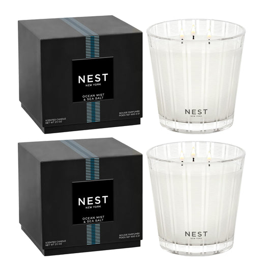 NEST New York Scented 3-Wick Candle, Ocean Mist & Sea Salt - 21.2 oz, Pack of 2 - Up to 100-Hour Burn Time - Reusable Glass Vessel