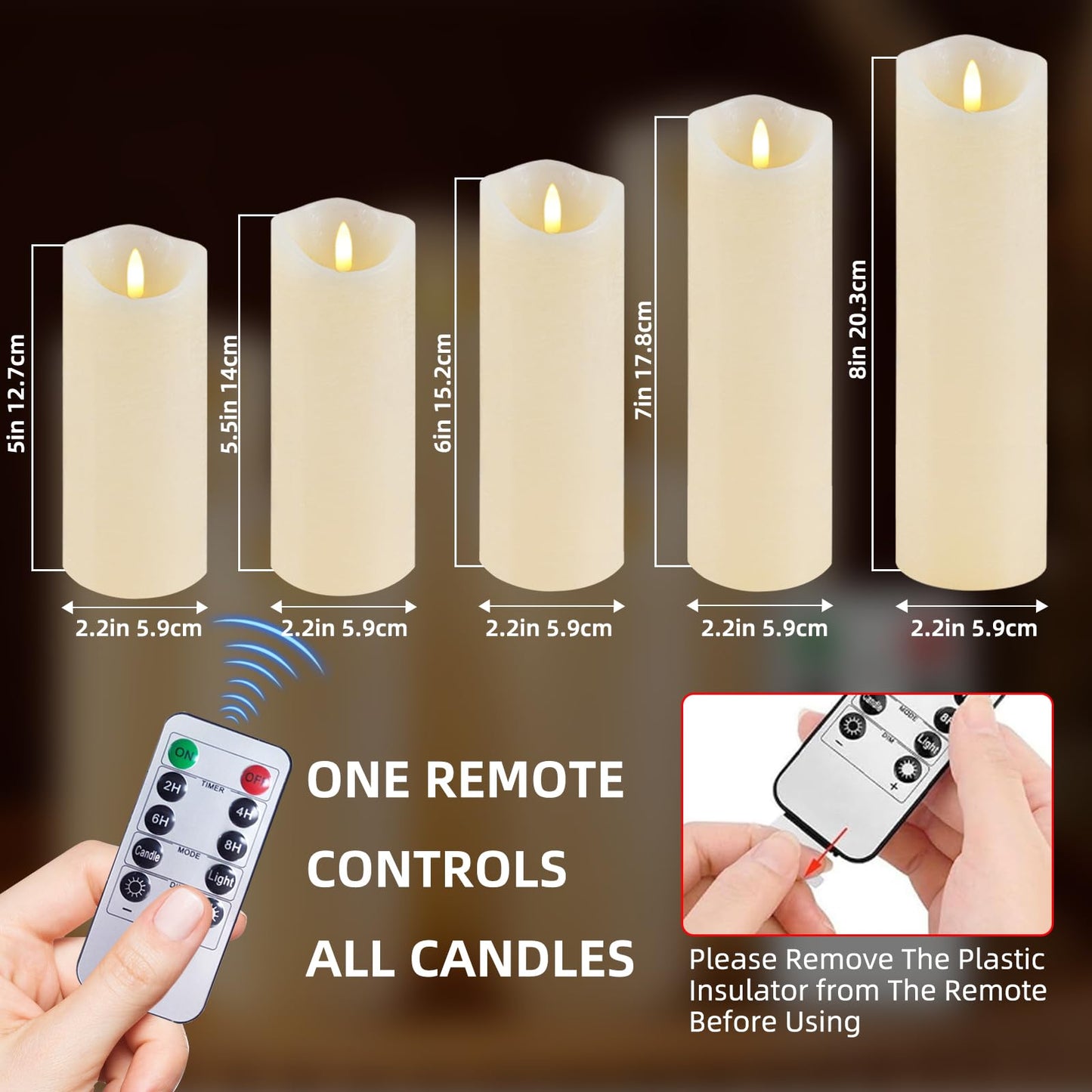 MiKoyi Flameless Pillar Candles with Remote, Battery Operated Candles Real Wax, [5-Pack] Fake LED Flickering flameless Candle with Timer Function for Room Home Decor (2.2" * 5/5.5/6/7/8") - White