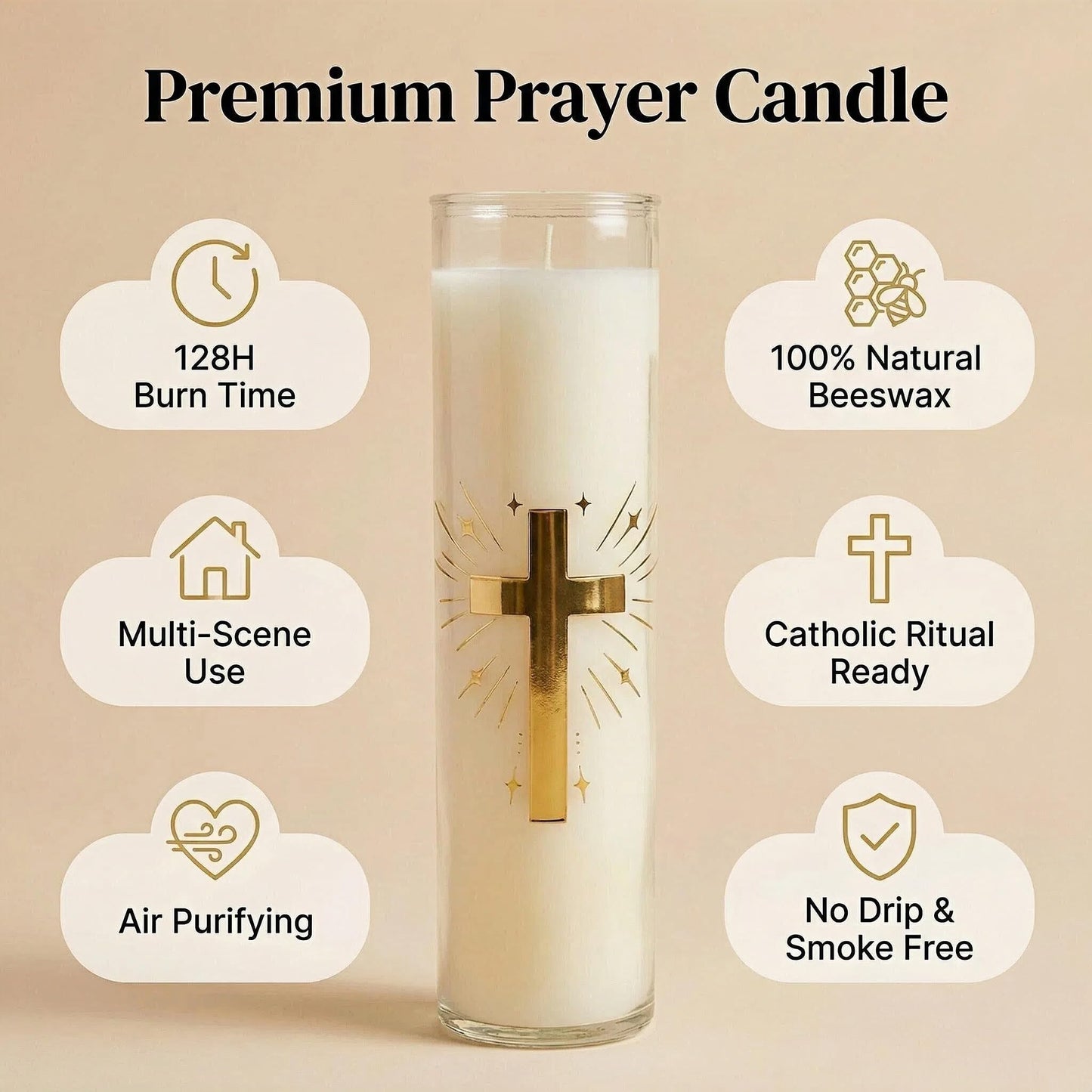 Eechen Charm 128 Hours Long Burning Beeswax Candles,Pure Beeswax Pillar Candles in Glass Jar,Unscented Natural Beeswax Prayer Candles for Religious Ceremony,Memorial,Vigil,Emergency (White)