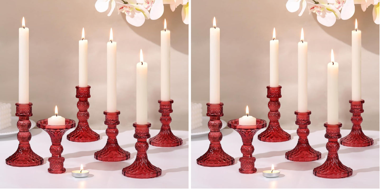 DARJEN Red Glass Candlestick Holders Set of 6, 4" H & 5" H Taper Candle Holders for Candlesticks & Pillar Candles, Diamond Candle Holders for Wedding Party Table Centerpiece, Home Decor (Pack of 2)