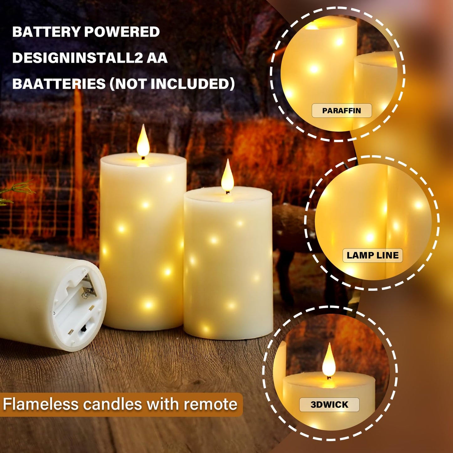 JINYANIA Flameless Candles with Embedded Star String, Real Wax Battery Operated Candles with Remote Timer, Flickering Pillar LED Candle Set for Home Decor Romantic Ambiance （White）