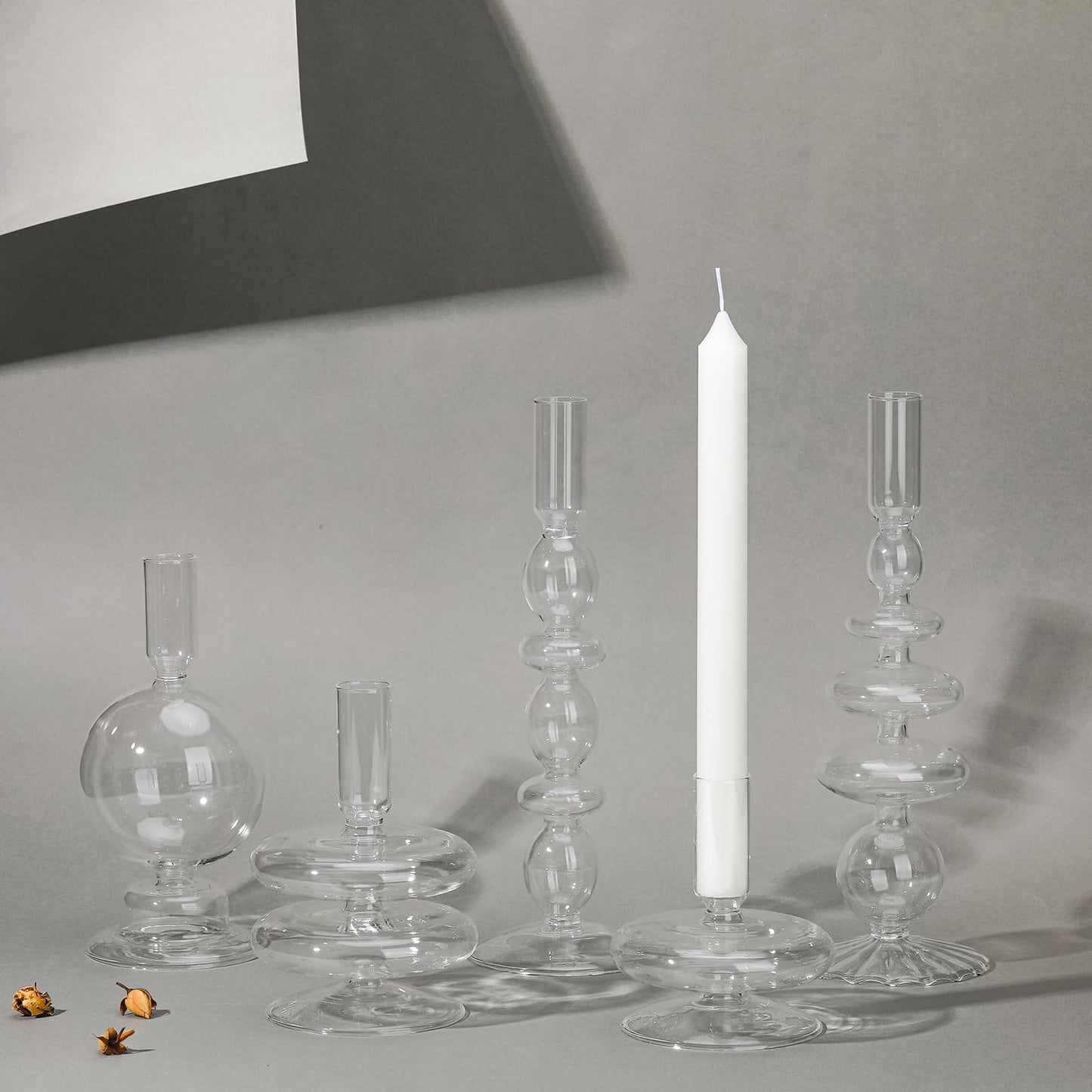Rtteri 5 Pcs Glass Candlestick Holders Colorful Glass Taper Candle Stand Groovy Candlestick Wavy Boho Chic Clear Bases Holders Elegant Vase for Home Party Centerpiece(Clear)