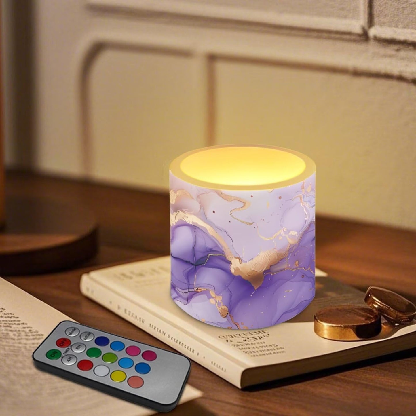 Merkmak 4 Pack Flameless Candles with 18-Key Remote Purple Marble Battery Operated Candles with Timer Flameless Pillar Tea Lights for Party Banquet Home Decorations