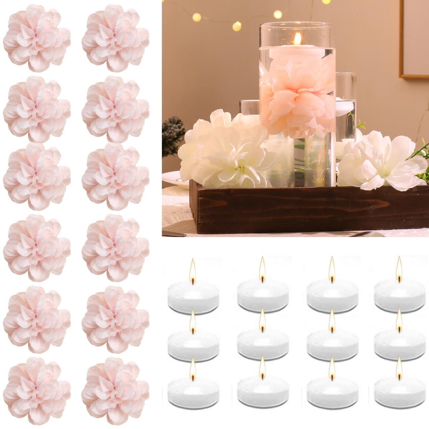 WPPNSY 24 Pcs Floating Candles for Centerpieces and Floating Flowers Artificial Flowers Head Vase Filler for Party Home Table Wedding Centerpieces Decoration (Pink)