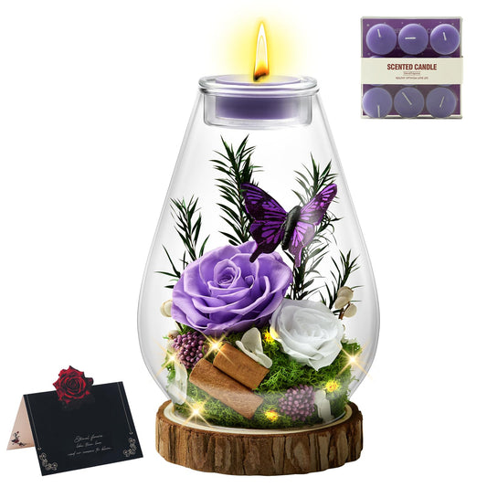 Tyvouflo Birthday Gifts for Women Preserved Flowers Purple Roses Candle Holder in Glass Dome Gift for Mom Birthday Gift Forever Flowers for Anniversary Real Flowers Eternal Rose for Proposal Wedding