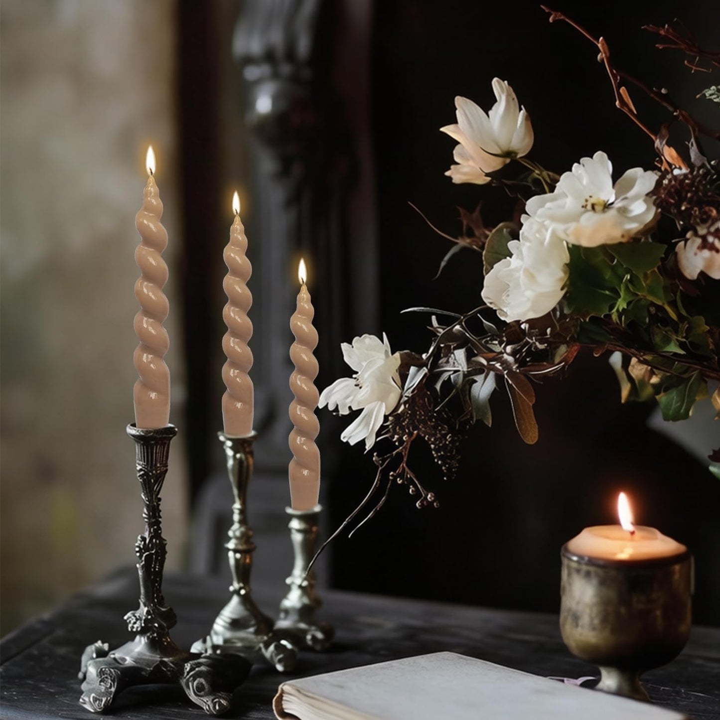 4 Pack 7.5 Inch Brown Spiral Twisted Taper Candles,Unscented Dripless Candlesticks Handmade Smokeless Candle Sticks for Candlelight Dinner Valentine's Day Wedding Home Decor