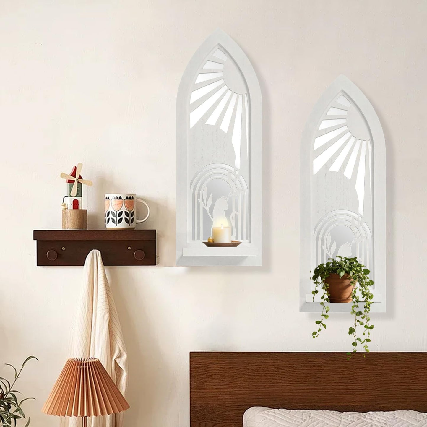 ZEXUIRU 2 Set Rustic Candle Sconces Living Room Bedroom Entryway Wood Mirrored, Farmhouse, Carved Frame Wall-Mount Wooden Candle Holders Wall Decor Hanging Handmade Holder - Distressed White