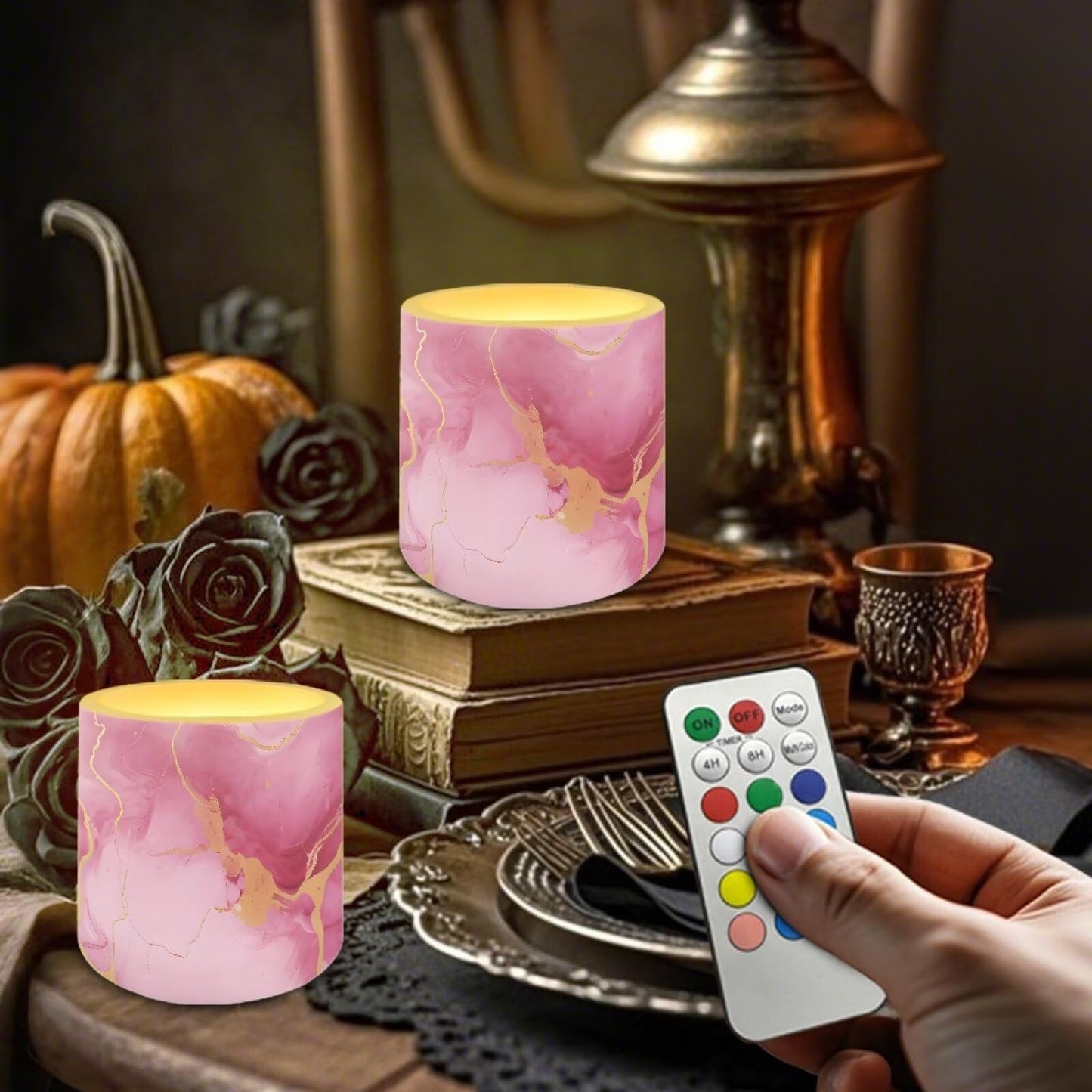 Cozeyat Pink Marble LED Candles Set of 4 Battery Powered Flameless with Remote Timer Flickering Flame Waterproof for Home Patio Table Decor