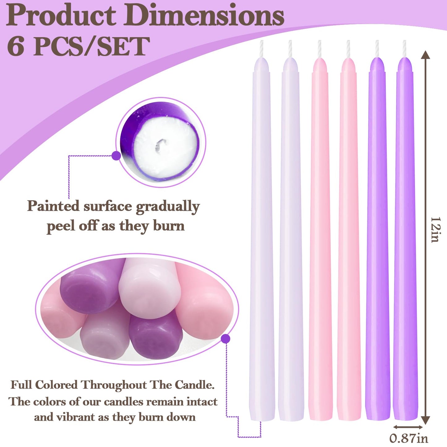 W&LESVAGO 12 Inch Pink-Purple Taper Candles Set of 6 Unscented Smokeless Long Tall Tapered Candle for Candlesticks Sticks Wedding Advent Home Decor Dinner Christmas