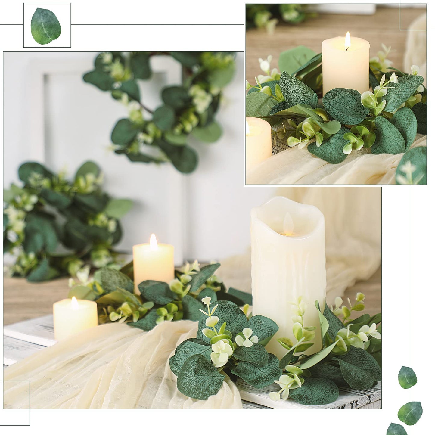 Waydress 8 Pcs Candle Rings Artificial Eucalyptus Leaves Candle Wreaths 10 Inch Boho Greenery Wreaths Rings for Pillars Candleholders for Wedding Party Home Table Door
