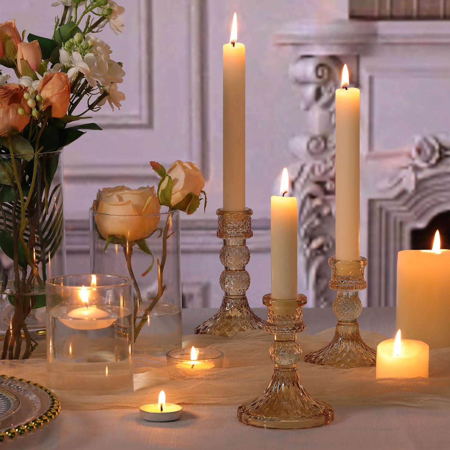 DARJEN Gold Glass Candlestick Holders Set of 6, 4" H & 5" H Taper Candle Holders for Candlesticks & Pillar Candles, Diamond Candle Holders for Wedding Party Table Centerpiece, Home Decor