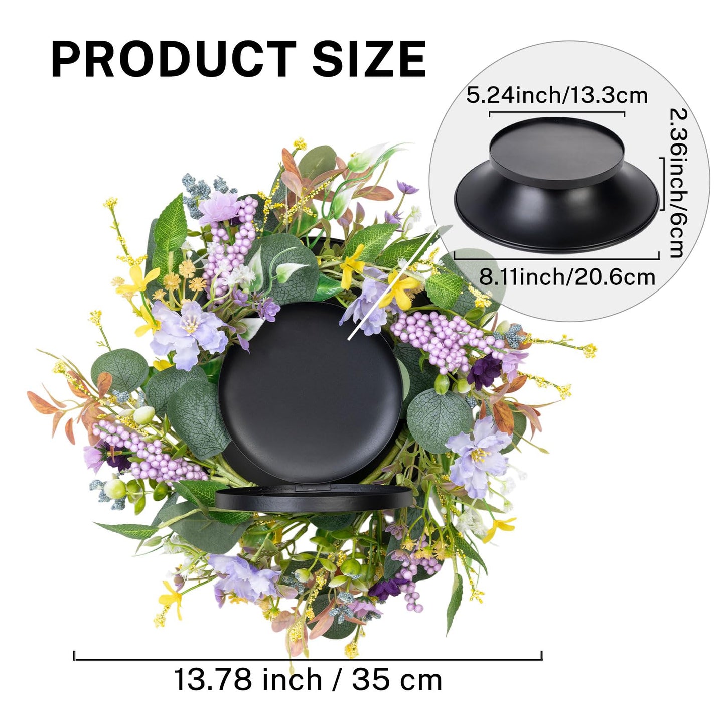 MOYEE Summer Candle Holder Centerpieces for Tables,Candle Ring, Black Metal Candlestick with an Artificial Wreath 14 in Versatile Dining Table Centrepiece (Purple Foam Flower Wreath)