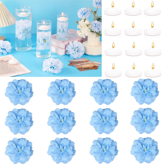 ZJGXH 24 Pcs Floating Candles for Centerpieces and Floating Flowers Vase Fillers for Centerpieces Artificial Blue Flowers for Wedding Party Home Table Decoration