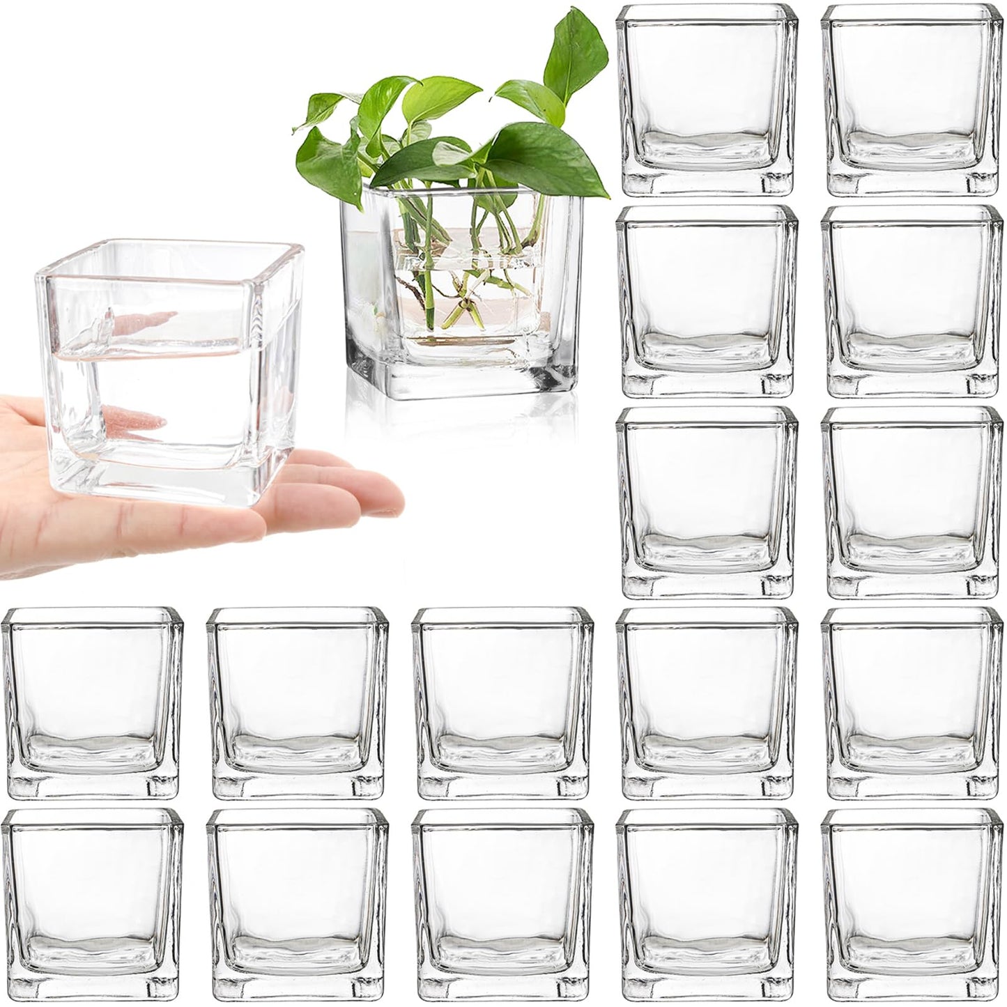 ZEAYEA Set of 18 Small Square Glass Vase, 2.4" x 2.4" Clear Cube Vase for Wedding Centerpieces Home Party Decoration, Square Glass Votive Candle Holder