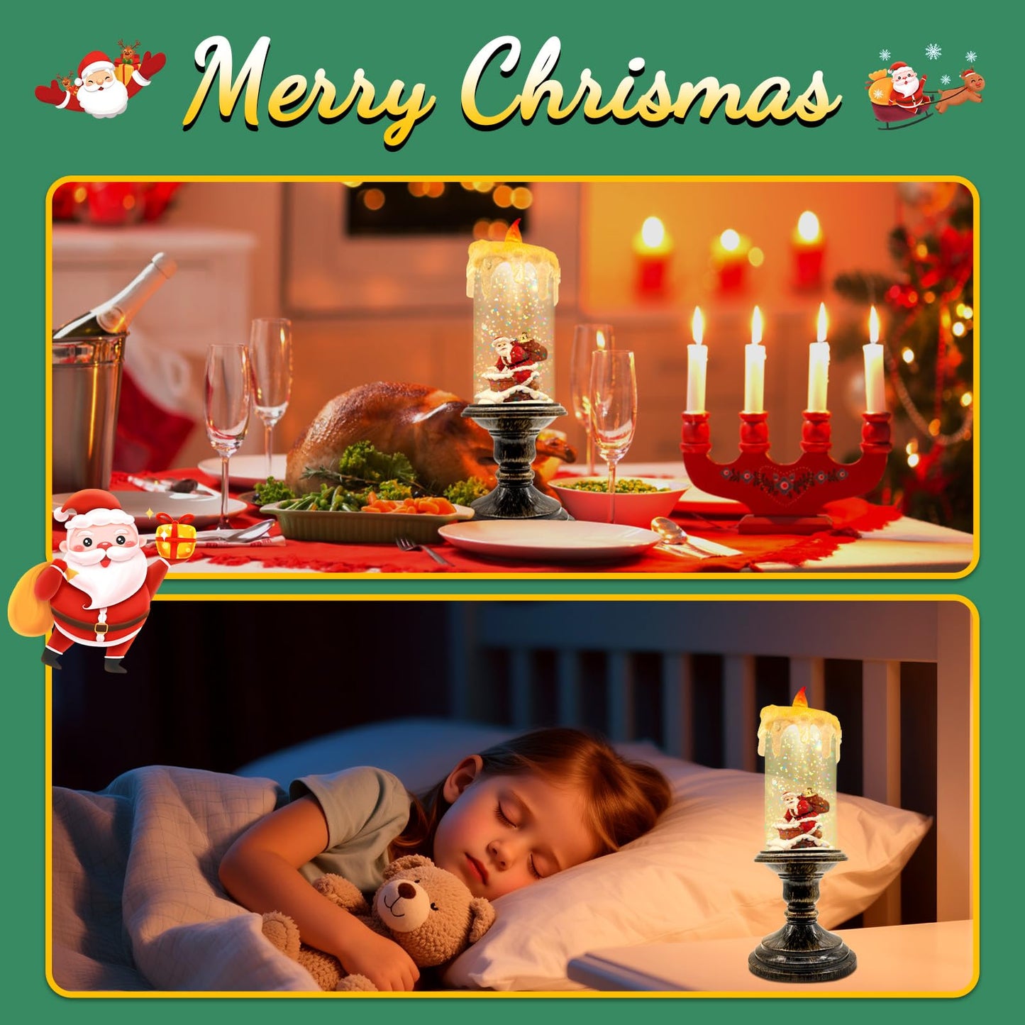 Christmas Snow Globe Candle, Battery Powered with Timer, Christmas Flameless Candles Lantern with Santa Claus for Home Decoration Festival Gift, Snow Globe Candle Light for Christmas Decorations