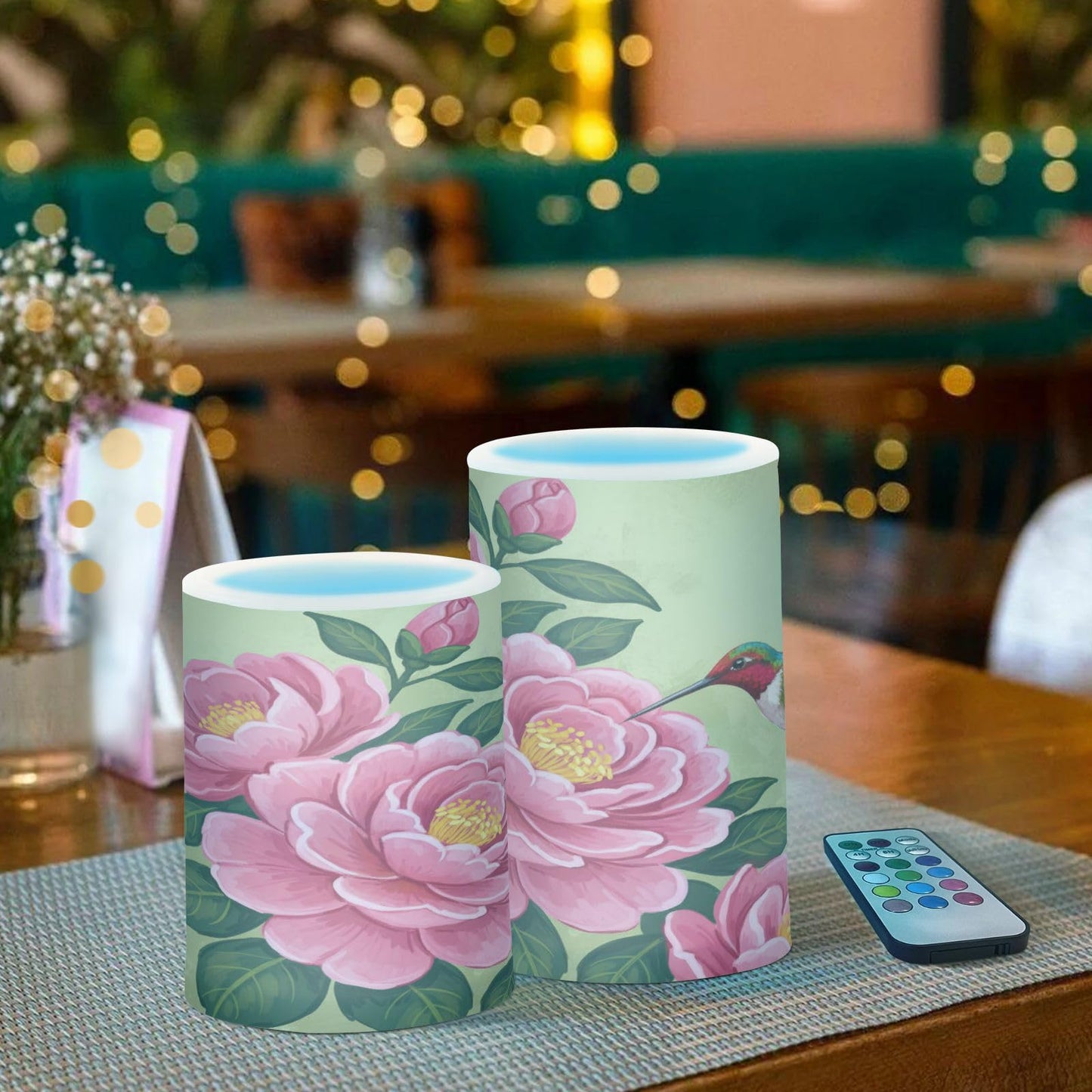 ALAZA Red Roses and A Small Bird Hummingbirds Flickering Flameless Candles Battery Operated with Remote Timer,Tea Light Candles LED Pillar Votive Candles Set of 2 for Outdoor Indoor Decorations