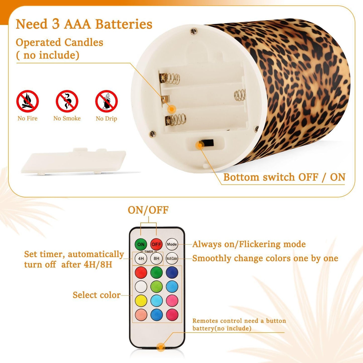 Qilmy Beautiful Leopard Print Flameless Candles 2PCS,Battery Operated LED Pillar Candles with Remote Control, Romantic Radiance Candles