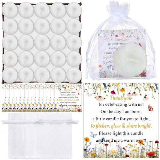 MTLEE 50 Sets Baby Shower Candle Party Favors for Guests Including 50 Pcs Mini Tea Light Candles Thank Tags and Return Gift Bags for Baby Shower Gender Reveal Party Supplies(White,Wildflower)