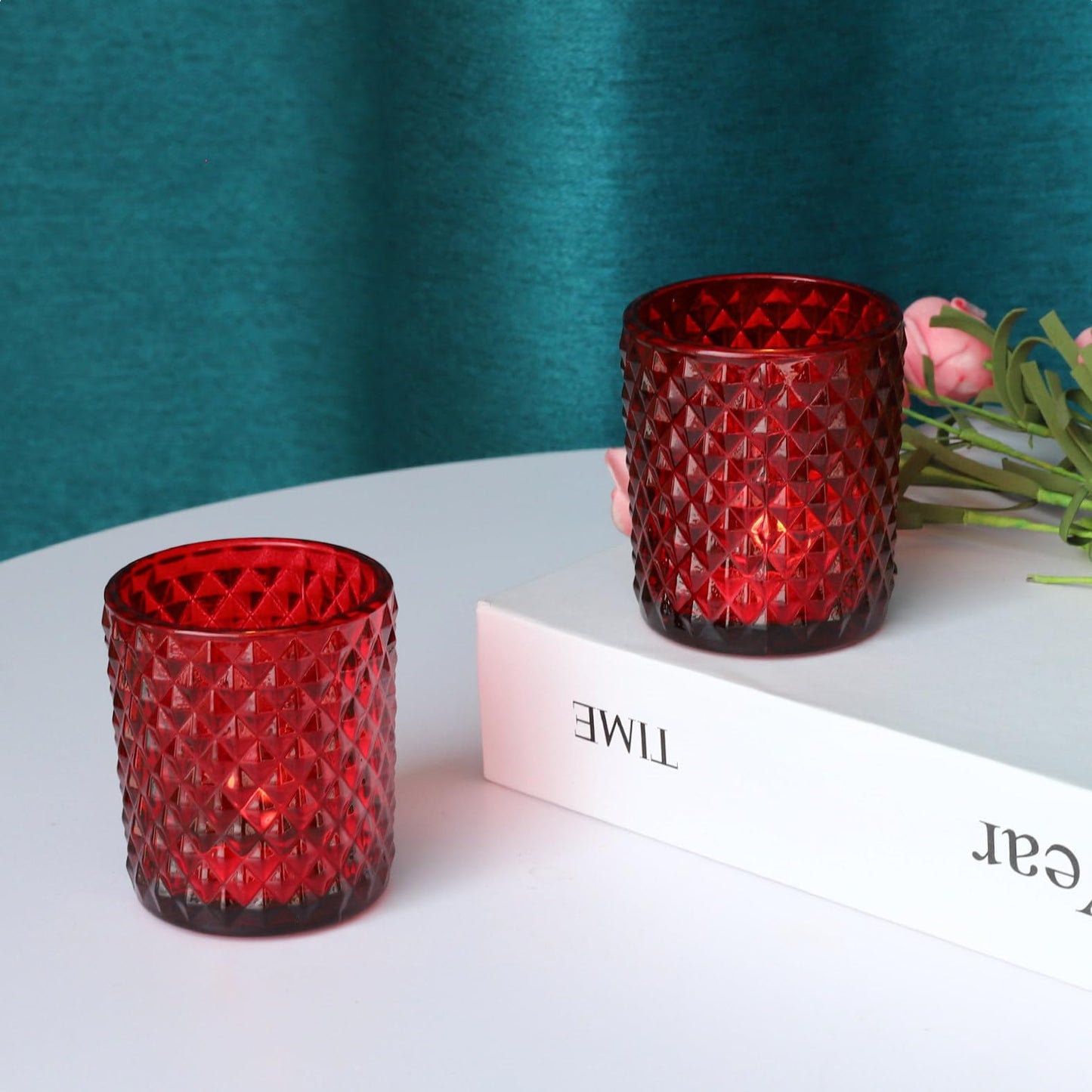 Woho Red Votive Candle Holders Bulk Set of 12, Glass Tea Lights Candle Holder for Wedding Table Centerpiece, Studded Diamond Tealight Candle Holder for Christmas Party Holiday Home Decor