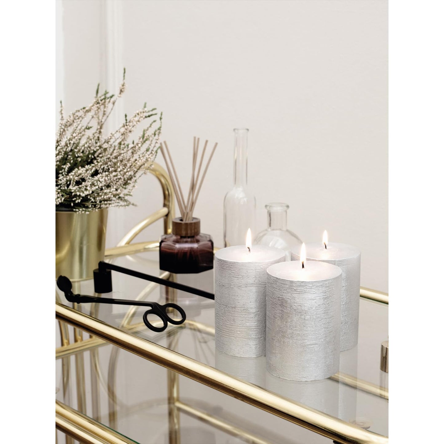 CANDWAX 3x4 inch Pillar Candles Set of 3 – Unscented Dripless Silver Candles for Event Decor, Weddings, Home Use