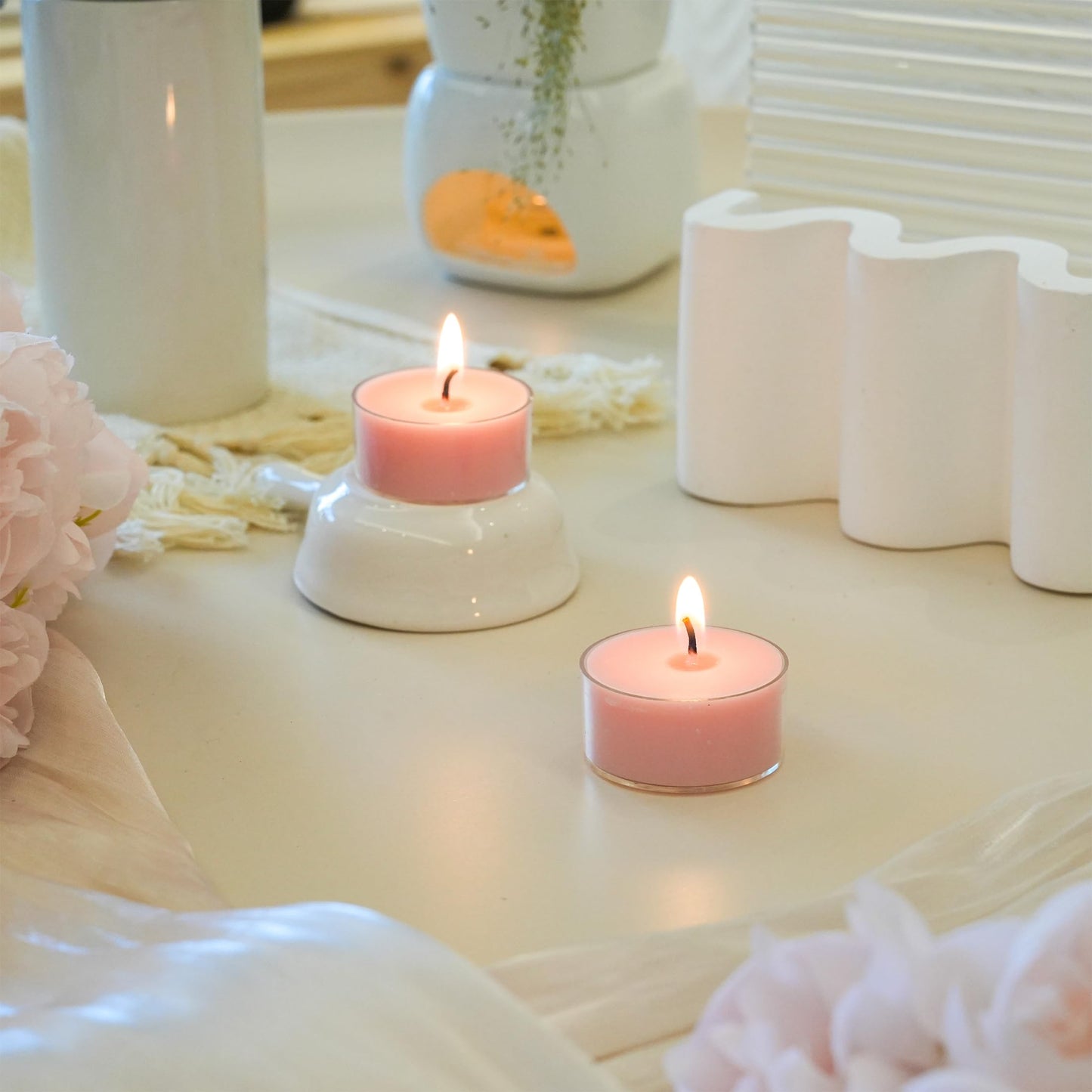 MUUFAZA 12 Unscented Natural Soy Tealight Candles in Clear Cups, 5H Long Clean Burning, Hand-Poured Pink Mini Tea Candle Set for Parties, Spa, Meditation, Gift, Holiday, Emergency, Home Decor