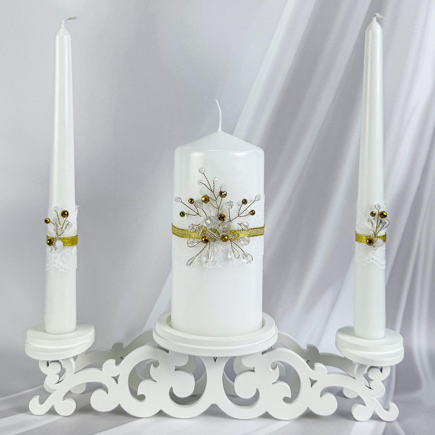 Magik Life Unity Candle Set - Wedding Ceremony & Reception – 6” Pillar & Two 10” Taper Candles – Long Burning Unity Candles for Marriage Ritual – Handmade in USA – Diamond |Gold