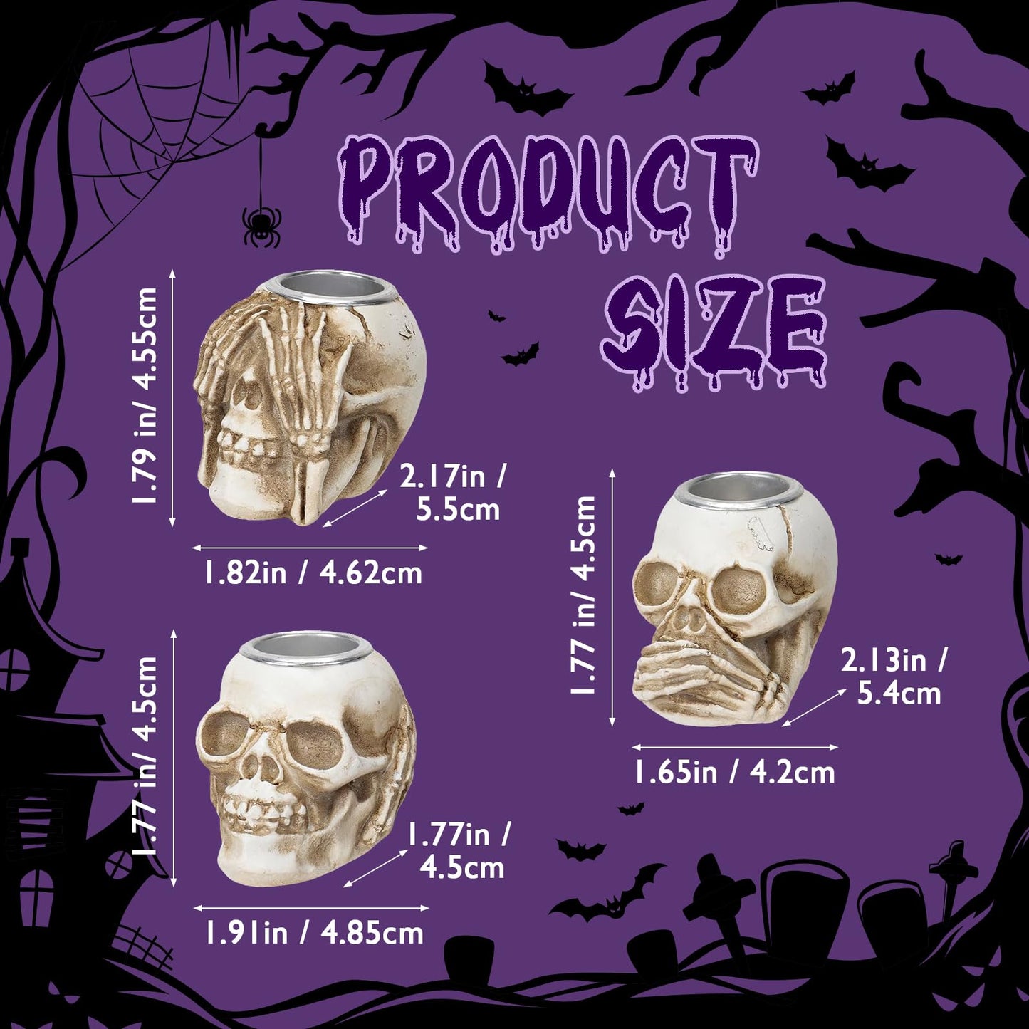 Helloween Skull Candle Holder Set of 3 Skeleton Head Candlestick Holders,Resin Skull Decor for Home Tabletop Spooky Theme Party Decor Supplies
