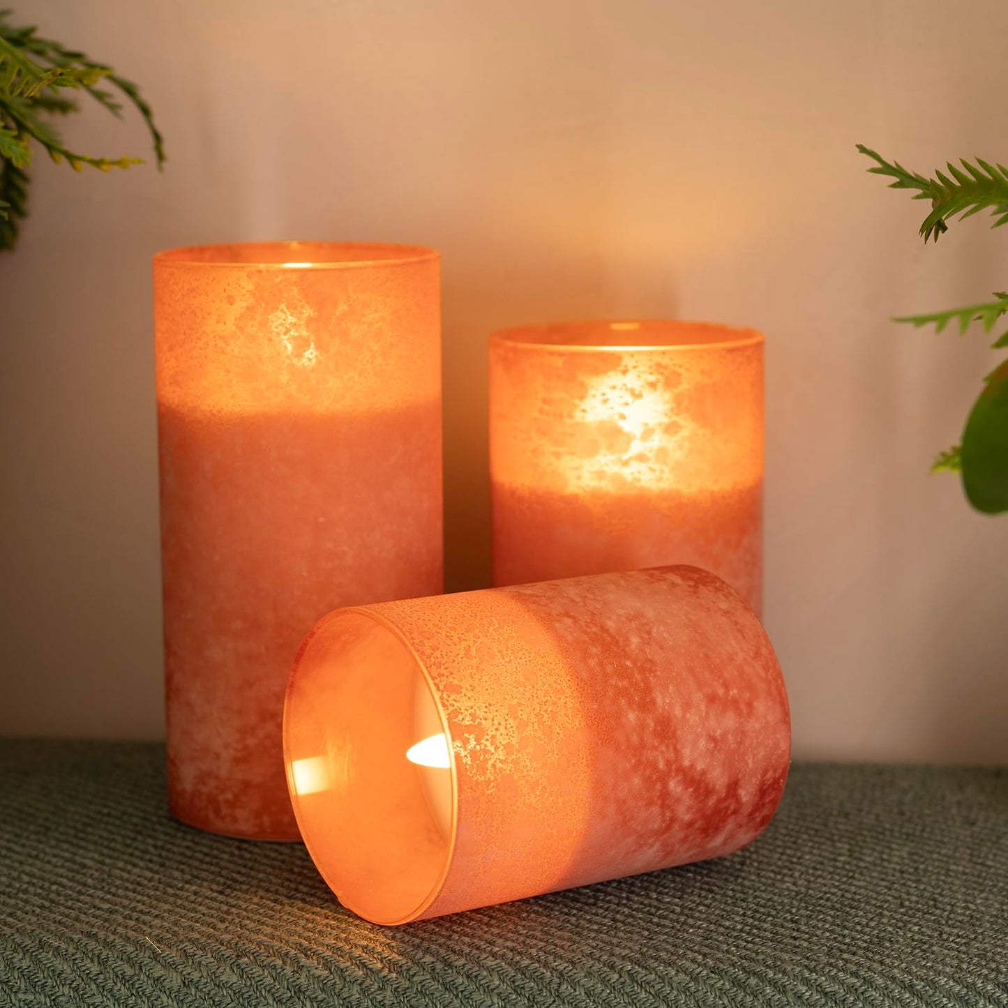 HJANDHJ Orange Flameless Candles, Sandblast Glass Battery Operated Candles with 10-Key Remote and Timer,Set of 3 Realistic Wax Candles for Home Decor (W3 H 4" 5" 6")