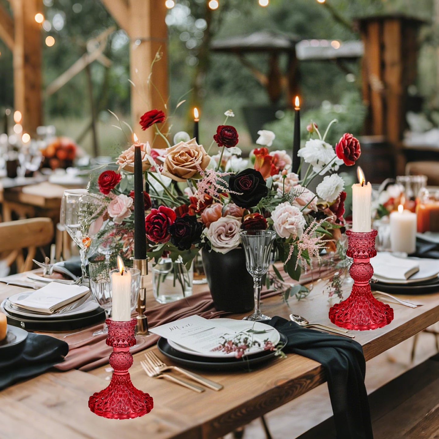 Glass Candlestick Holders Set of 2，Taper Candle Holders Fit 0.8 Inch Candles, Crystal Decorative Candle Stand Centerpiece for Table Wedding Dinning Party 4 Inch Tall (Red)