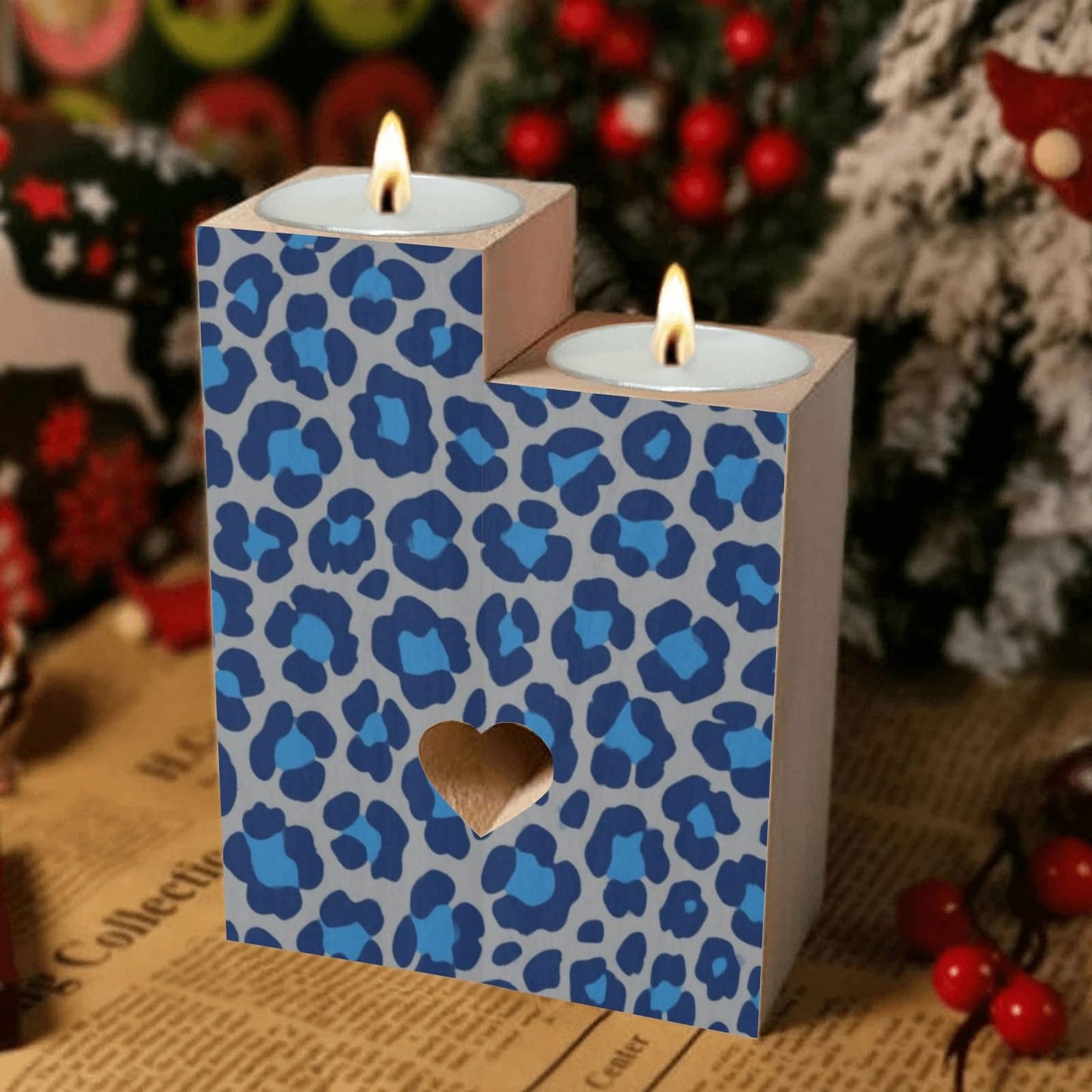 pnyoin Animal Skin Blue Black Candle Holders Gift for Women Wooden Heart Candlestick Personalized Christmas Birthday Graduation Friendship Gifts Home Wedding Dinning Party Decorative