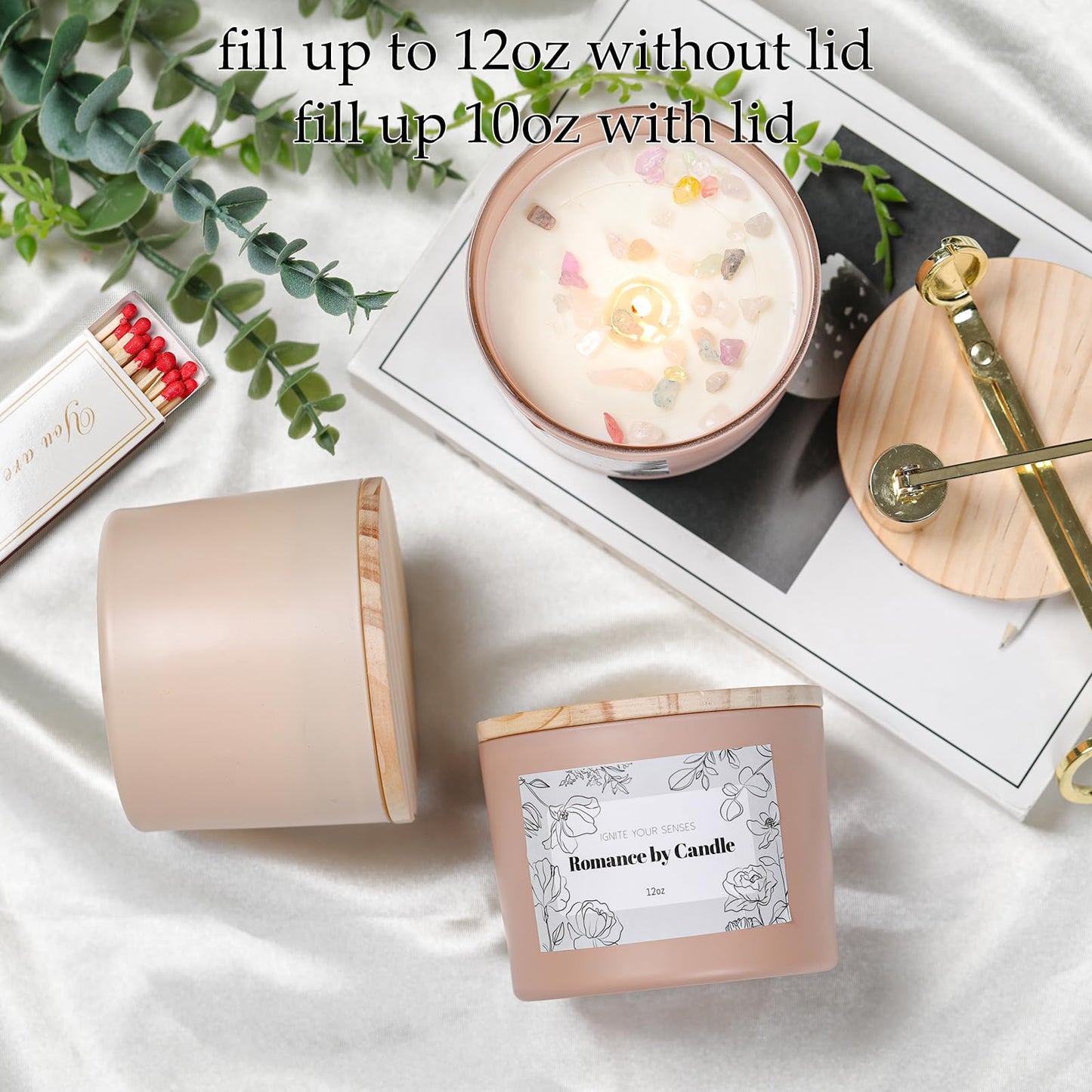 6Pcs Assorted Camel Candle Jars for Making Candles, 12oz Empty Candle Jars with Bamboo Lids,Labels and 100g Crystal Rocks, Glass Jars for Candle Making Supplies, Candle Containers for DIY Gifts