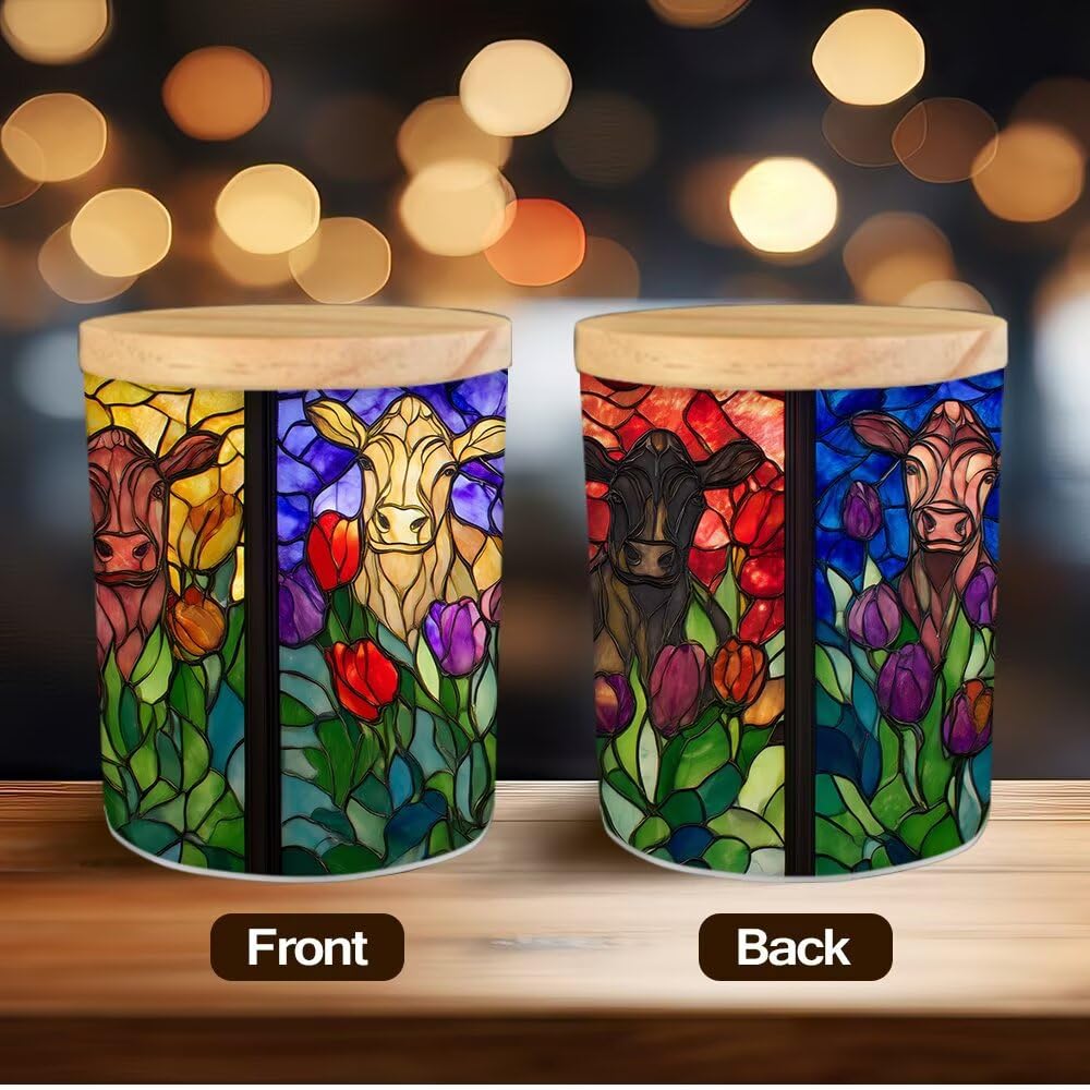 Stained Glass Cows Tea Light Candle Holders,Farmhouse Cattles Tealight Candle Holder Jar with Wooden Lid, Votive Candlesticks for Table Centerpieces, Christmas,Birthday Party,Home Decor