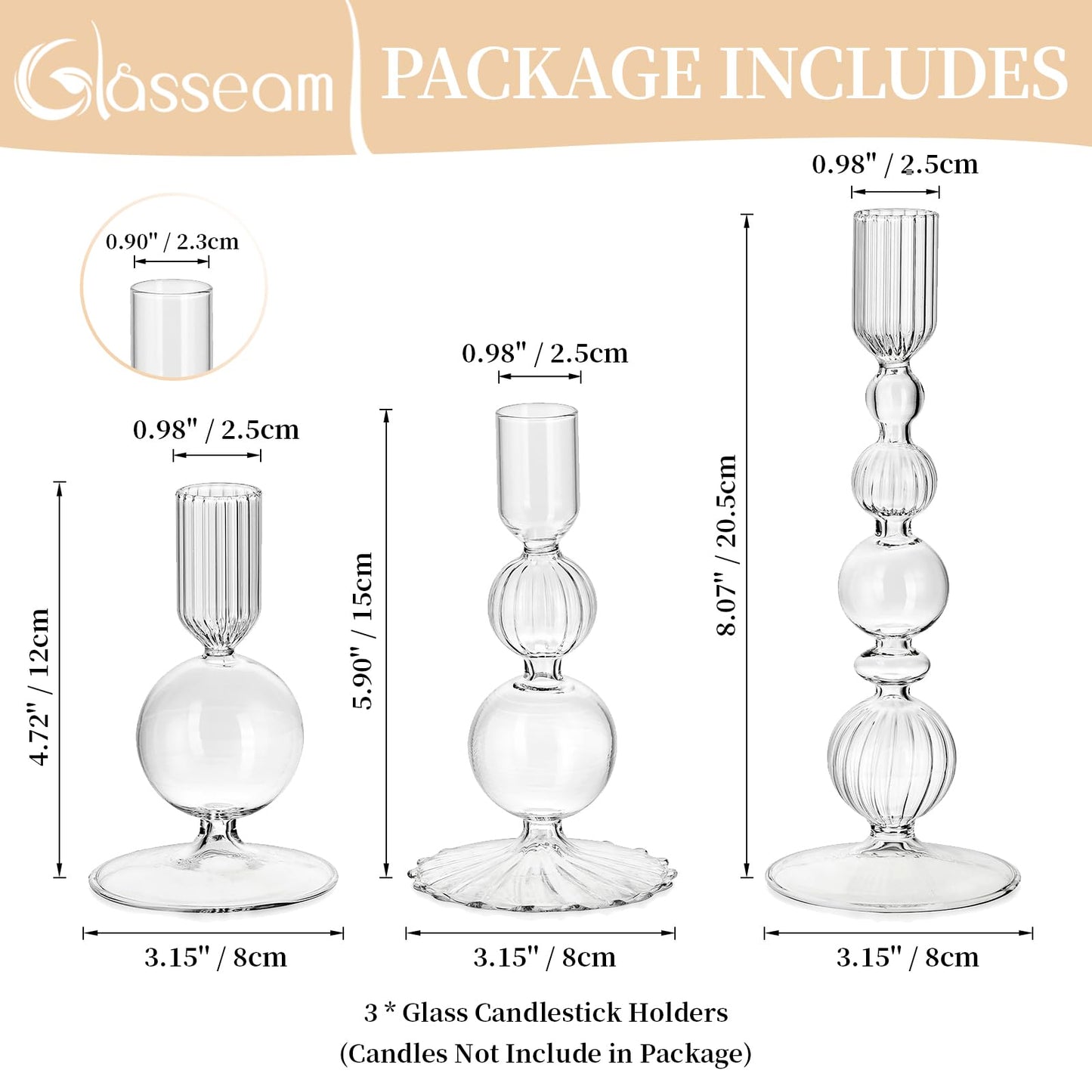 Glasseam Glass Candle Stick Holder: Clear Taper Candle Holders Set of 3 Modern Candlestick Holders for Taper Candles Decorative for Table Centerpiece Wedding Party Christmas Decorations