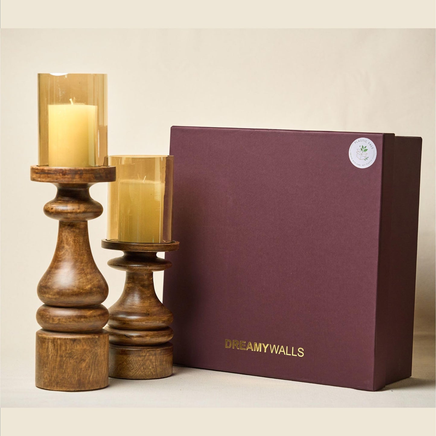 Dreamy Walls Wood Candle Holders Set of 2 Farmhouse Boho Pillar Candle Stands with Glass Covers Handmade Wooden Table Centerpiece Decor (Gift Box - with 2 Candles)