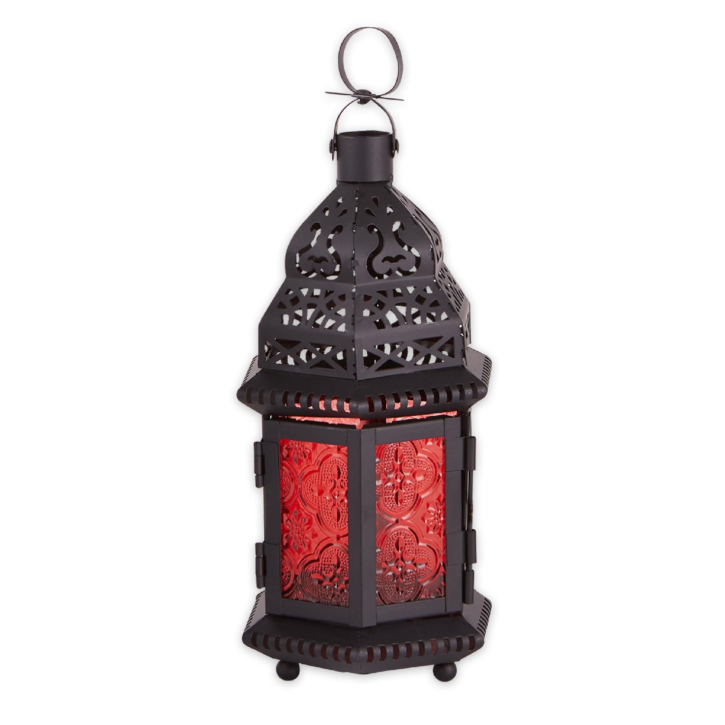 Zingz & Thingz Moroccan Style Candle Lantern Holder, Decorative Light Home Decor, Indoor & Outdoor, 10.25" Tall, Black with Red Glass