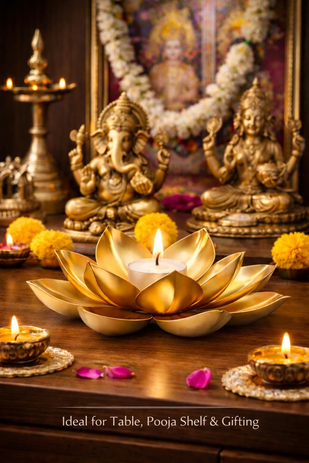Agaas Enterprises Golden Metal Big Size 7 inch Table Lotus Flower T-light /Tealight Holder Diwali Diya Decoration Item | Diwali decoration | Home decoration |Tealight Candle Holder Votive Candle
