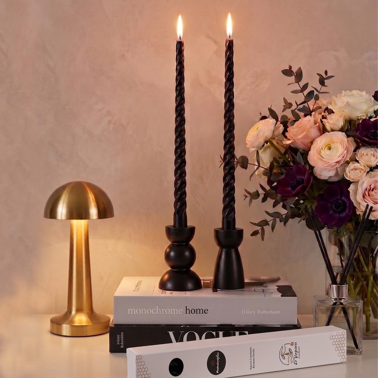 Petekoglu Black 2 Pack Taper Beeswax Candles 27.5 cm Twisted Candlestick Dinner Candles Natural Honeycomb Beeswax