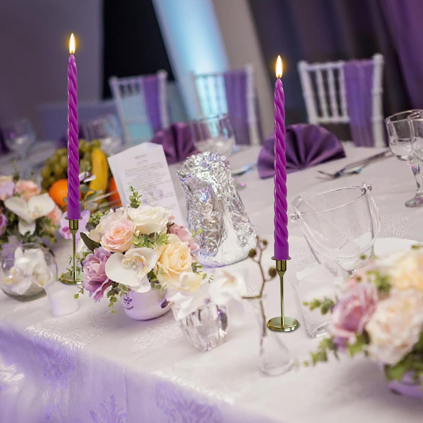 10 Inch Purple Twisted Taper Candles Set for Dinner, Unscented Dripelss Candlesticks for Home Holiday Party Decoration
