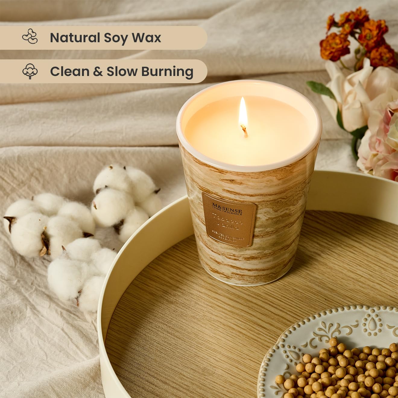 M&SENSE Tobacco Vanilla Scented Soy Candle, 3 Wick Highly Scented 14.1 Oz 75H, Aromatherapy Christmas Gift for Women and Men