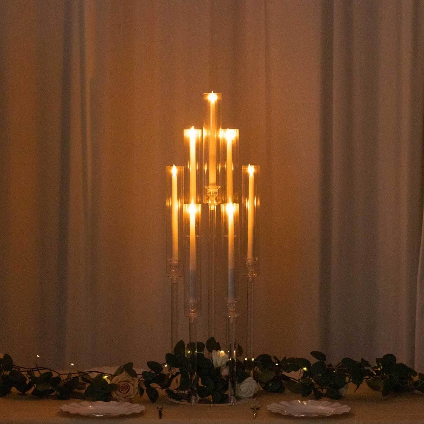 Efavormart 7 Arm Clear Acrylic Cluster Round Taper Candle Holder Candelabra, Pillar Candle Stick Stand with Circular Base - 33" Tall