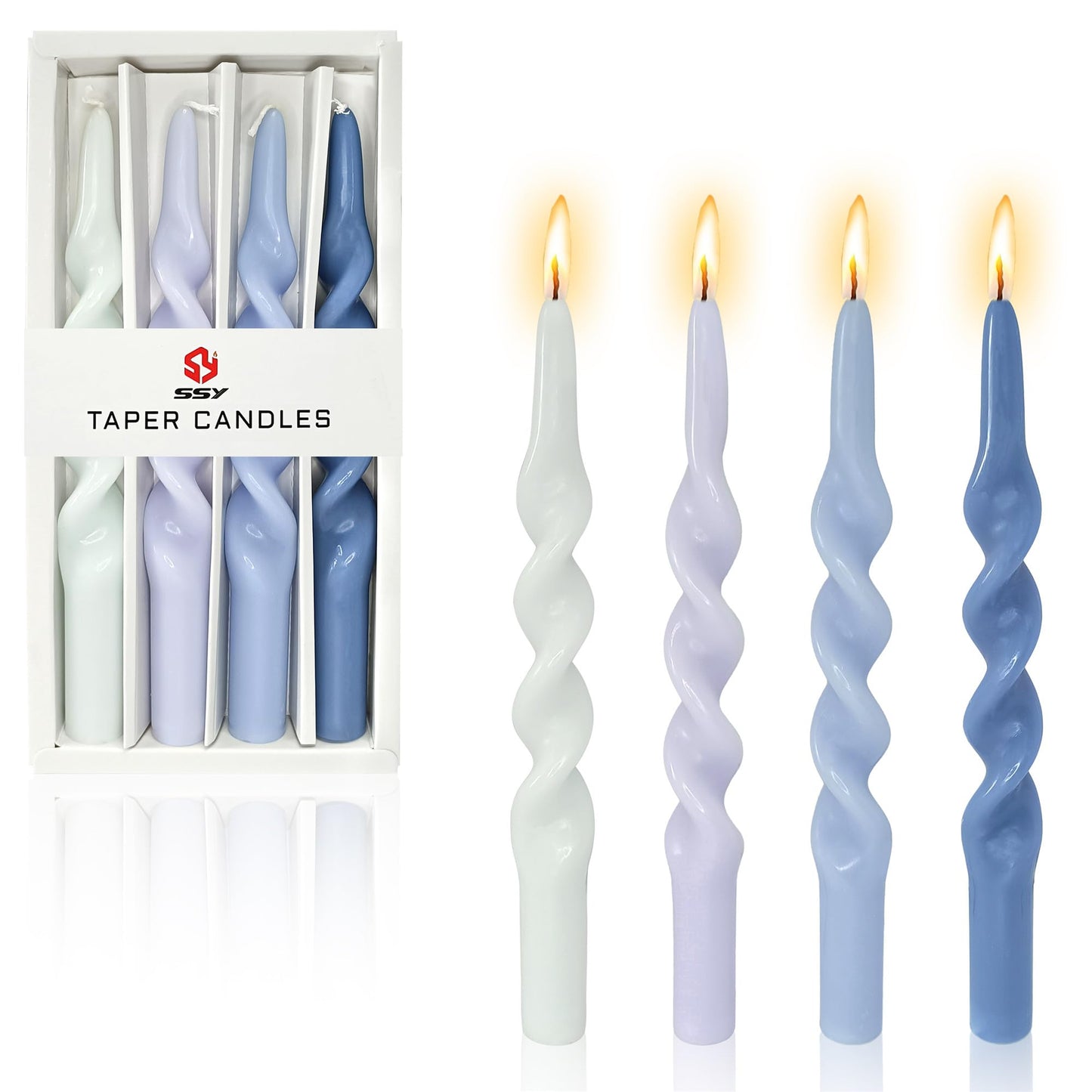 4Pcs Spiral Taper Candle Twisted Candlesticks Blue Gradient Handmade Candle Stick Light Blue Dinner Unscented Candles Long dripless Taper Candles for Home Décor Weddings Festive Seasons Holiday