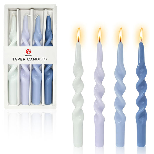 4Pcs Spiral Taper Candle Twisted Candlesticks Blue Gradient Handmade Candle Stick Light Blue Dinner Unscented Candles Long dripless Taper Candles for Home Décor Weddings Festive Seasons Holiday