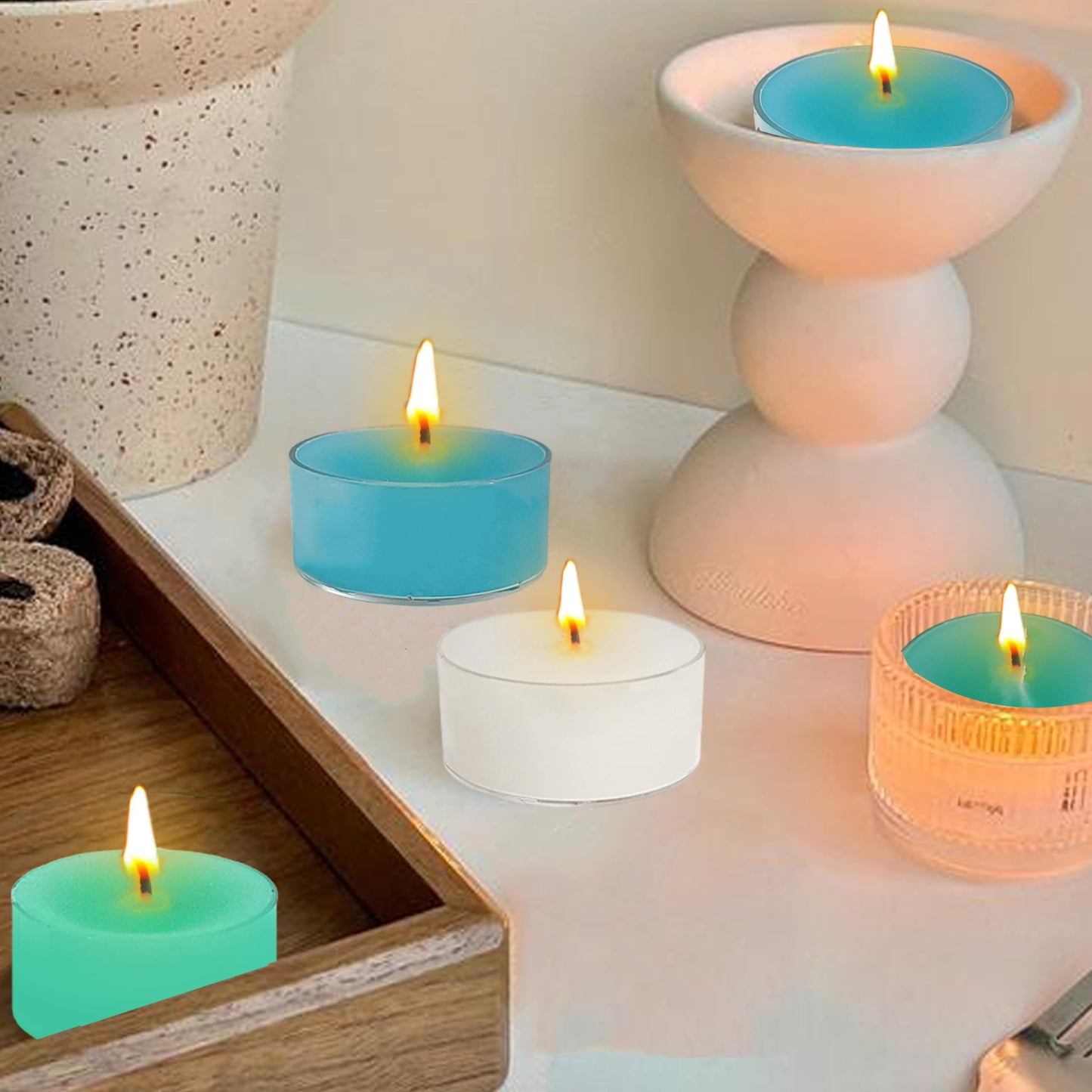 Scented Tea Light Candles 12 Pack Hand Poured 3 Color Smokeless 4 Hours Clean Burning Small Round Clear Cups Tealight Candles for Romantic Dinners Wedding Centerpieces Cozy Evenings