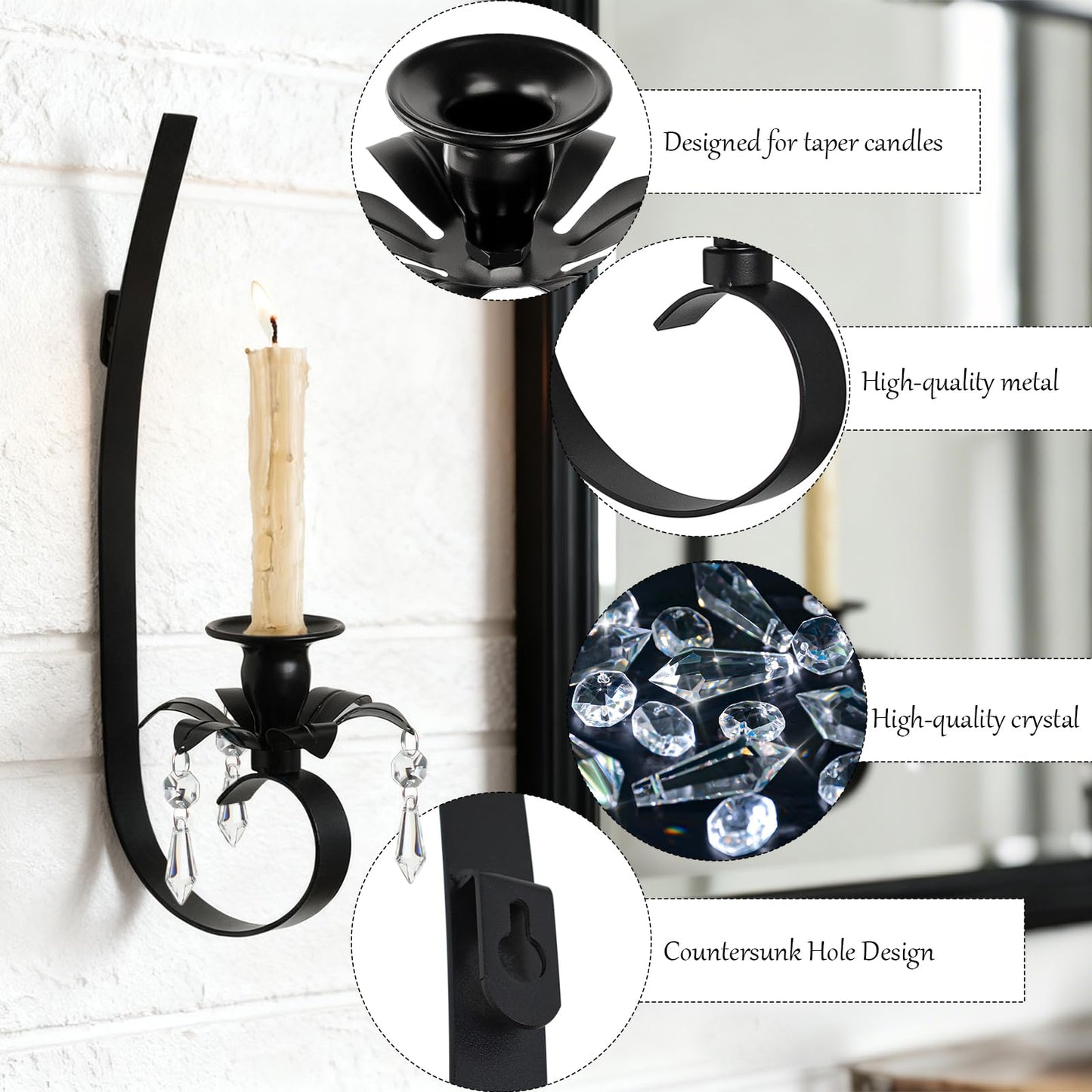 KEHAIL Set of 2 Black Metal Wall Candle Sconces with Crystal Pendant - Hanging Candle Holder for Farmhouse Fireplace, Living Room, Hallway, Stairway Decor (2, Black-A Style)