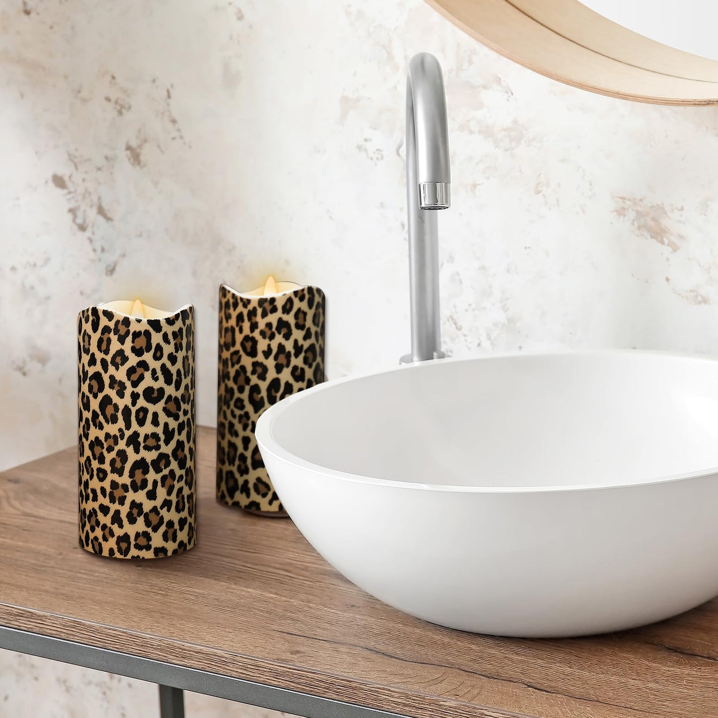 Whaline 3 Pcs Cheetah LED Flameless Candles Leopard Print Battery Operated Pillar Candles for Wedding Party Home Table Decor