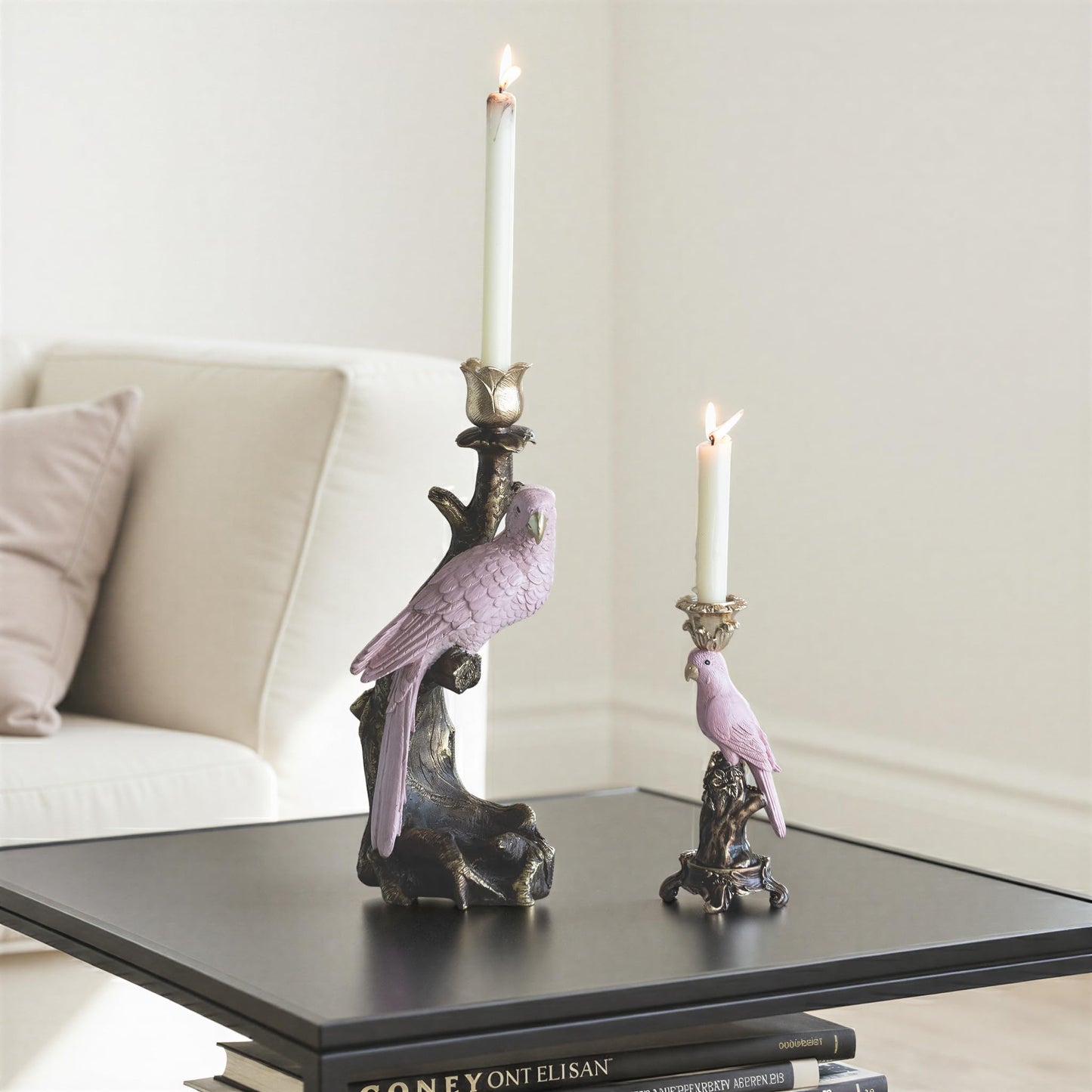 Creative Co-Op Resin Parrot-on-Branch Taper Candle Holder, Gold and Pink Finish