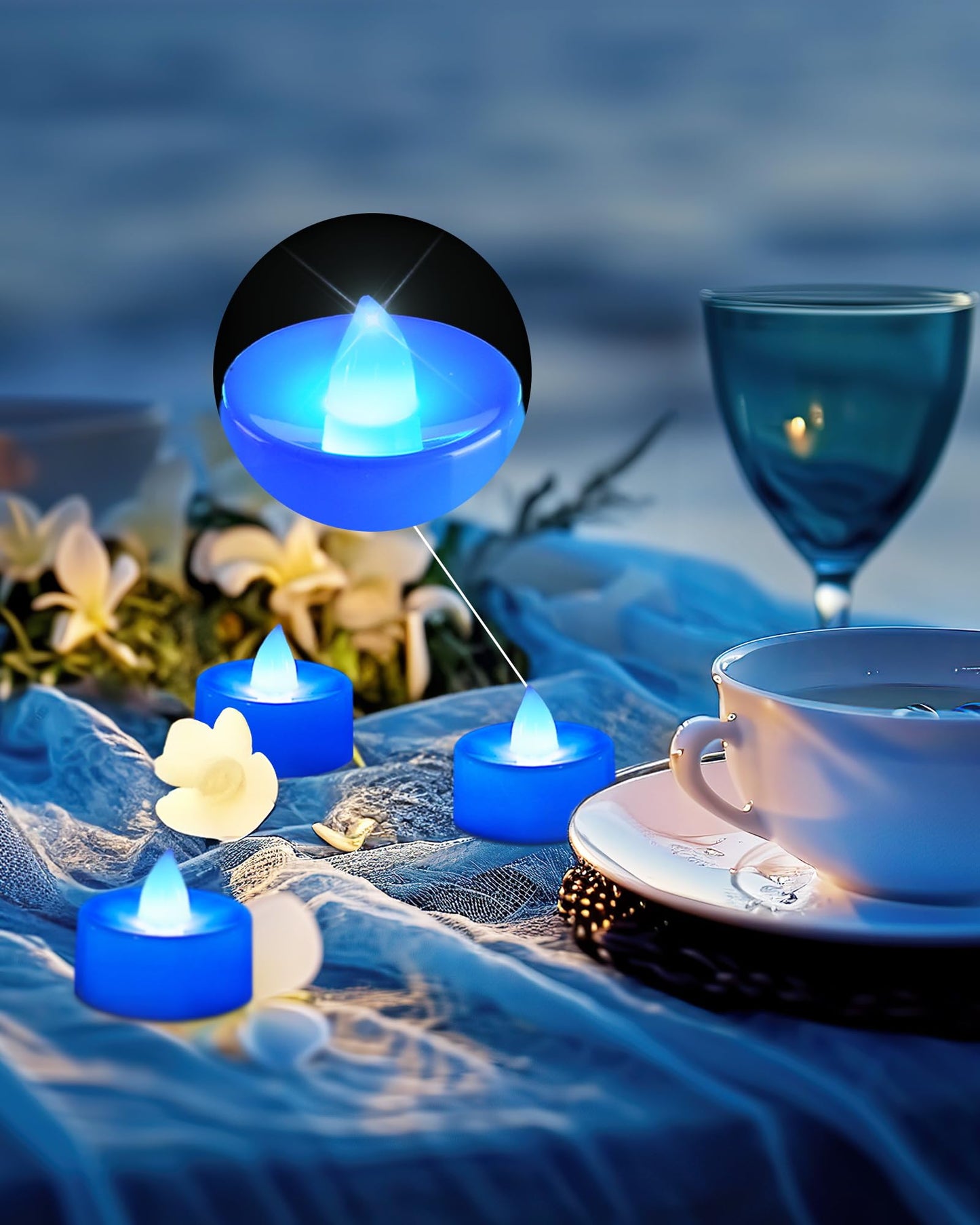 BEICHI Flameless Candles, Battery Operated LED Tealights Votive Flickering for Party Halloween, Christmas, Wedding- 24Pack, Blue Light