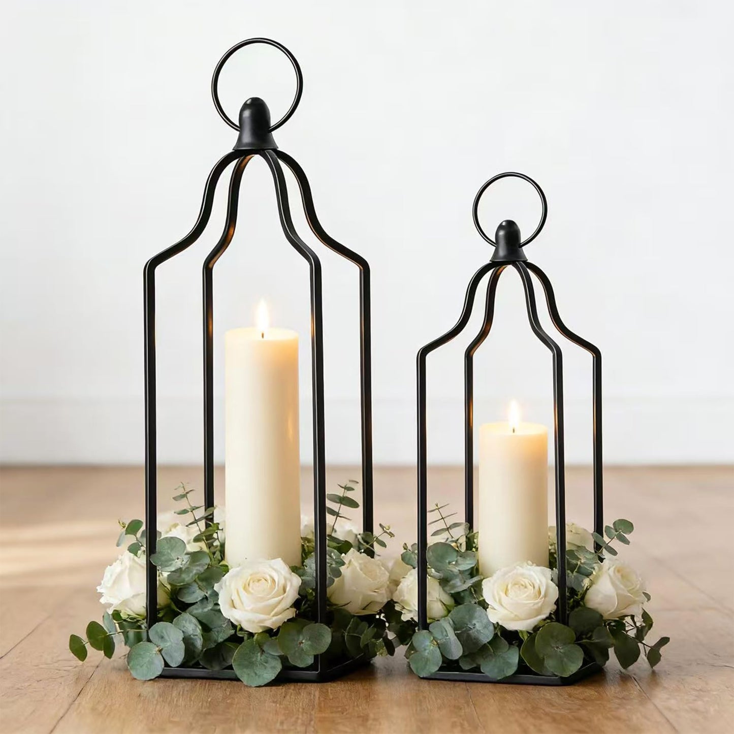 Rustic Farmhouse Decor Metal Lantern Set of 2 Decorative Lanterns for Home Indoor Outdoor Living Room, Fireplace, Patio, Wedding & Kitchen Table Centerpieces (Black, 14.5" 12.2")